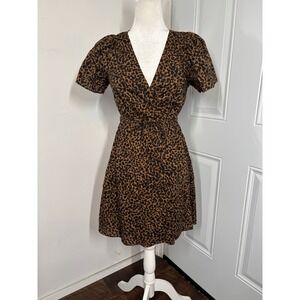 Madewell Dress Women Small Brown Animal Print Short Sleeve Cotton Wrap Tie Girly